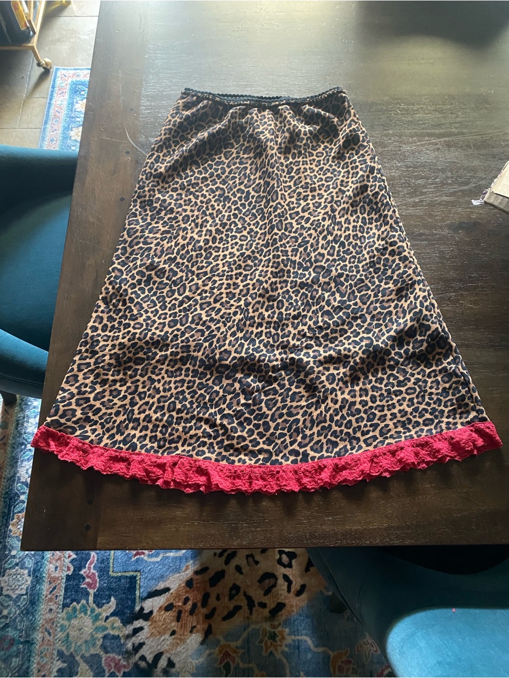 Wanted Leopard Print Midi Skirt with Red Lace Trim